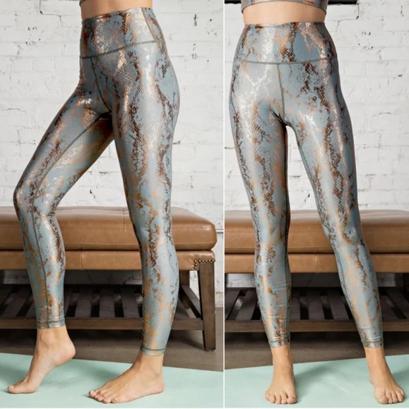 Stunning Sage & Metallic Copper Snake Print High Waisted Leggings - Picture 3 of 7